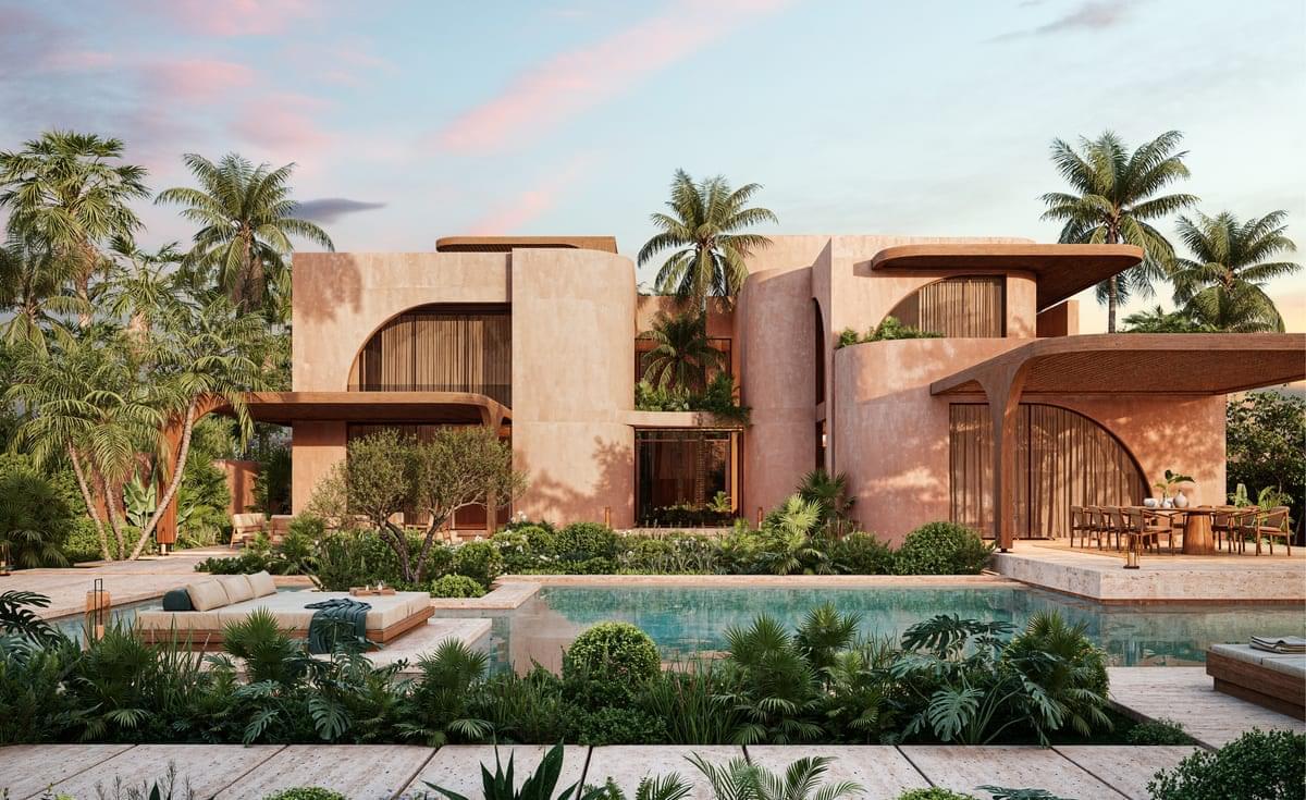 Rendering of a Delano Residences Marrakech villa with a pool and palm gardens